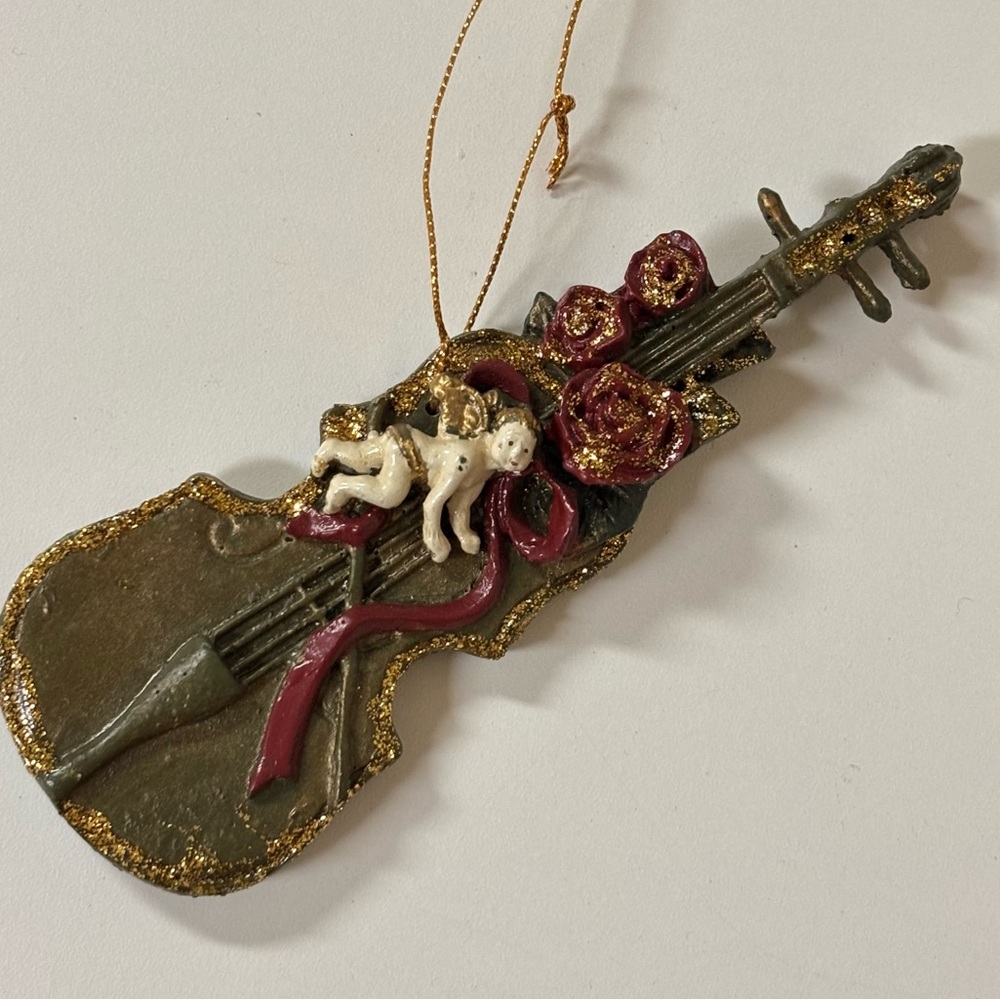 Vintage Cello Angel Christmas Ornament Victorian Musical Instrument Gold